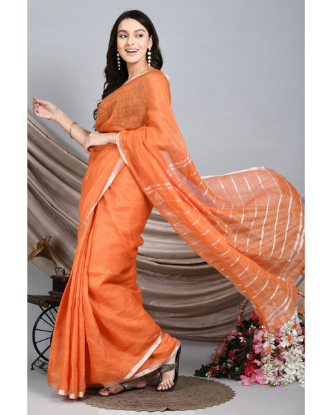 Orange Handwoven Linen Saree with silver hand spun zari border and stripes on Pallu - Swapna Creation