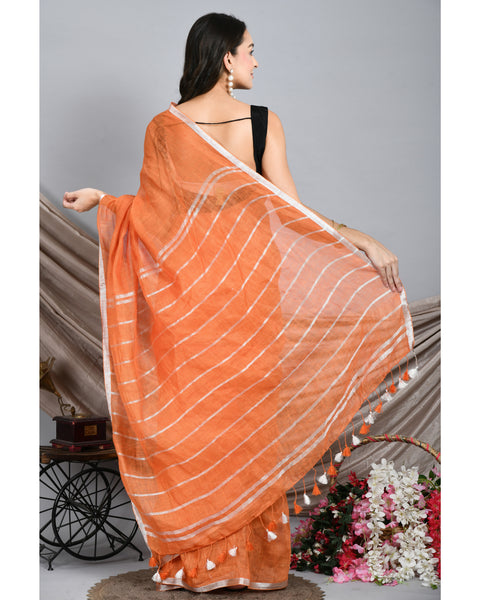 Orange Handwoven Linen Saree with silver hand spun zari border and stripes on Pallu - Swapna Creation