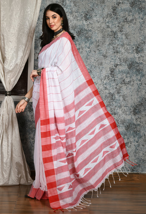 White with Red Handwoven Cotton Saree - Swapna Creation