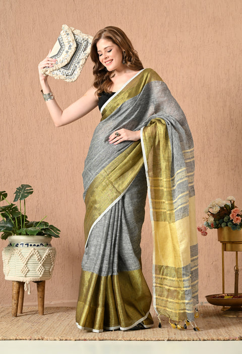 Grey Handwoven Linen Saree with Golden Hand spun Zari borders and stripes on Pallu