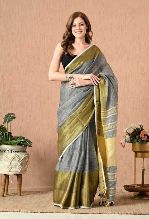 Grey Handwoven Linen Saree with Golden Hand spun Zari borders and stripes on Pallu