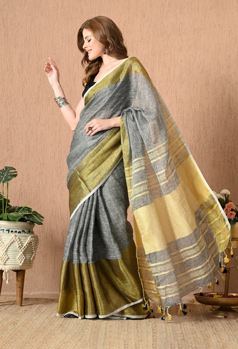 Grey Handwoven Linen Saree with Golden Hand spun Zari borders and stripes on Pallu