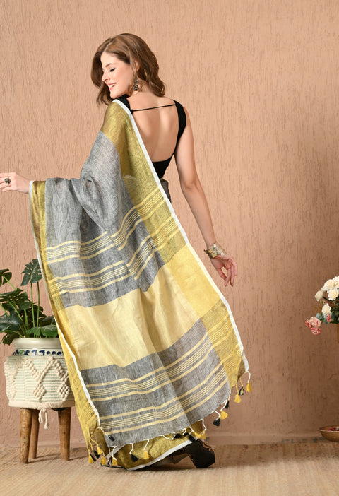 Grey Handwoven Linen Saree with Golden Hand spun Zari borders and stripes on Pallu