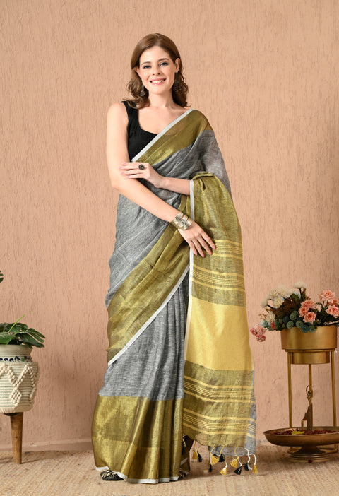 Grey Handwoven Linen Saree with Golden Hand spun Zari borders and stripes on Pallu