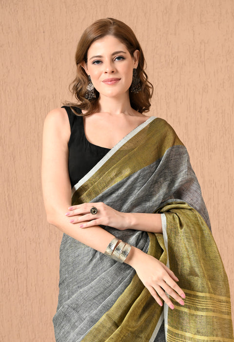 Grey Handwoven Linen Saree with Golden Hand spun Zari borders and stripes on Pallu