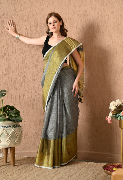 Grey Handwoven Linen Saree with Golden Hand spun Zari borders and stripes on Pallu
