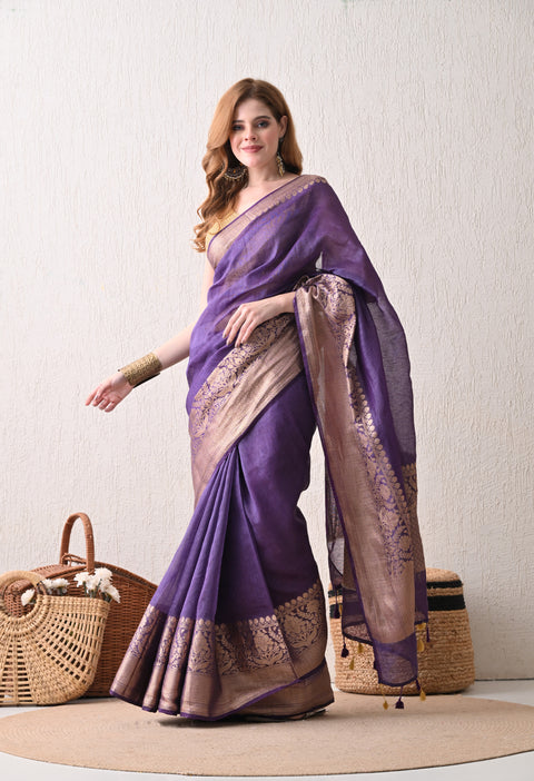 Dark Purple Banarasi Woven Silk by Linen Saree with Blouse Piece