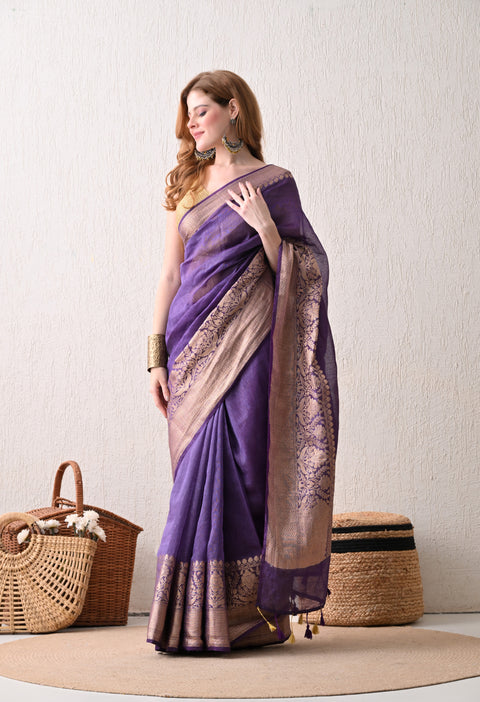 Dark Purple Banarasi Woven Silk by Linen Saree with Blouse Piece