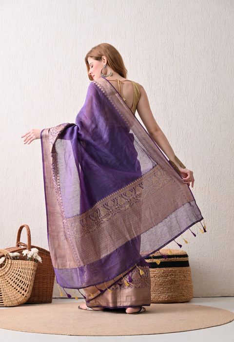 Dark Purple Banarasi Woven Silk by Linen Saree with Blouse Piece