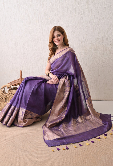 Dark Purple Banarasi Woven Silk by Linen Saree with Blouse Piece