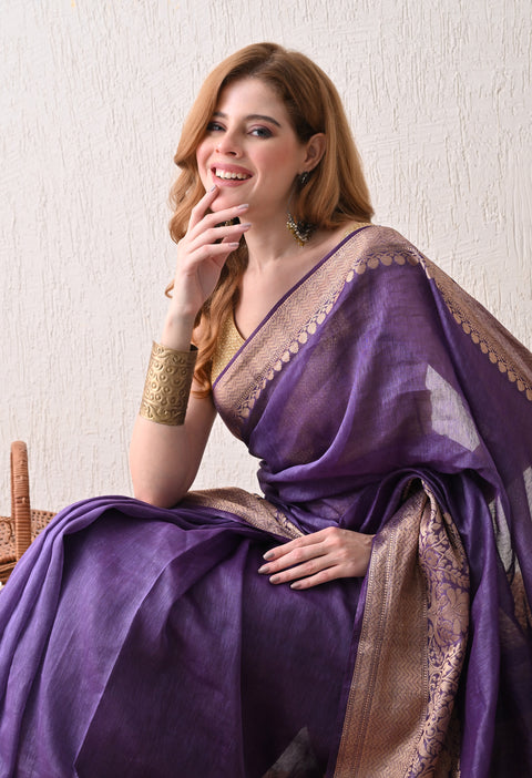 Dark Purple Banarasi Woven Silk by Linen Saree with Blouse Piece