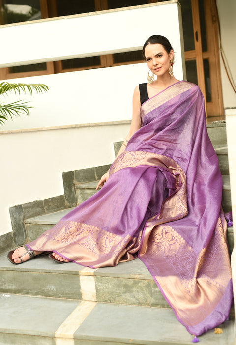 Exquisite Thistle Purple Banarasi Woven Silk by Linen Saree with Blouse Piece