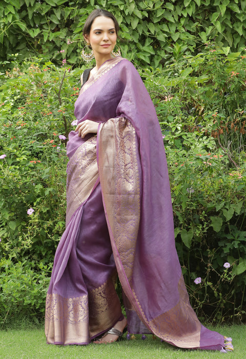 Exquisite Thistle Purple Banarasi Woven Silk by Linen Saree with Blouse Piece