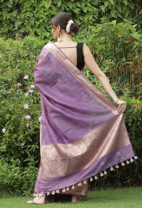 Exquisite Thistle Purple Banarasi Woven Silk by Linen Saree with Blouse Piece