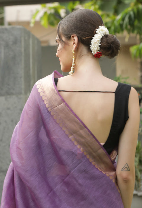 Exquisite Thistle Purple Banarasi Woven Silk by Linen Saree with Blouse Piece