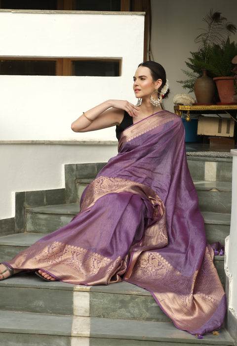 Exquisite Thistle Purple Banarasi Woven Silk by Linen Saree with Blouse Piece