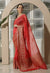 Exquisite Ferrari Red Banarasi Woven Silk by Linen Saree with Blouse Piece