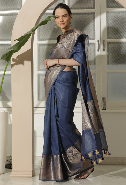 Exquisite Moonlight Blue Banarasi Woven Silk by Linen Saree with Blouse Piece