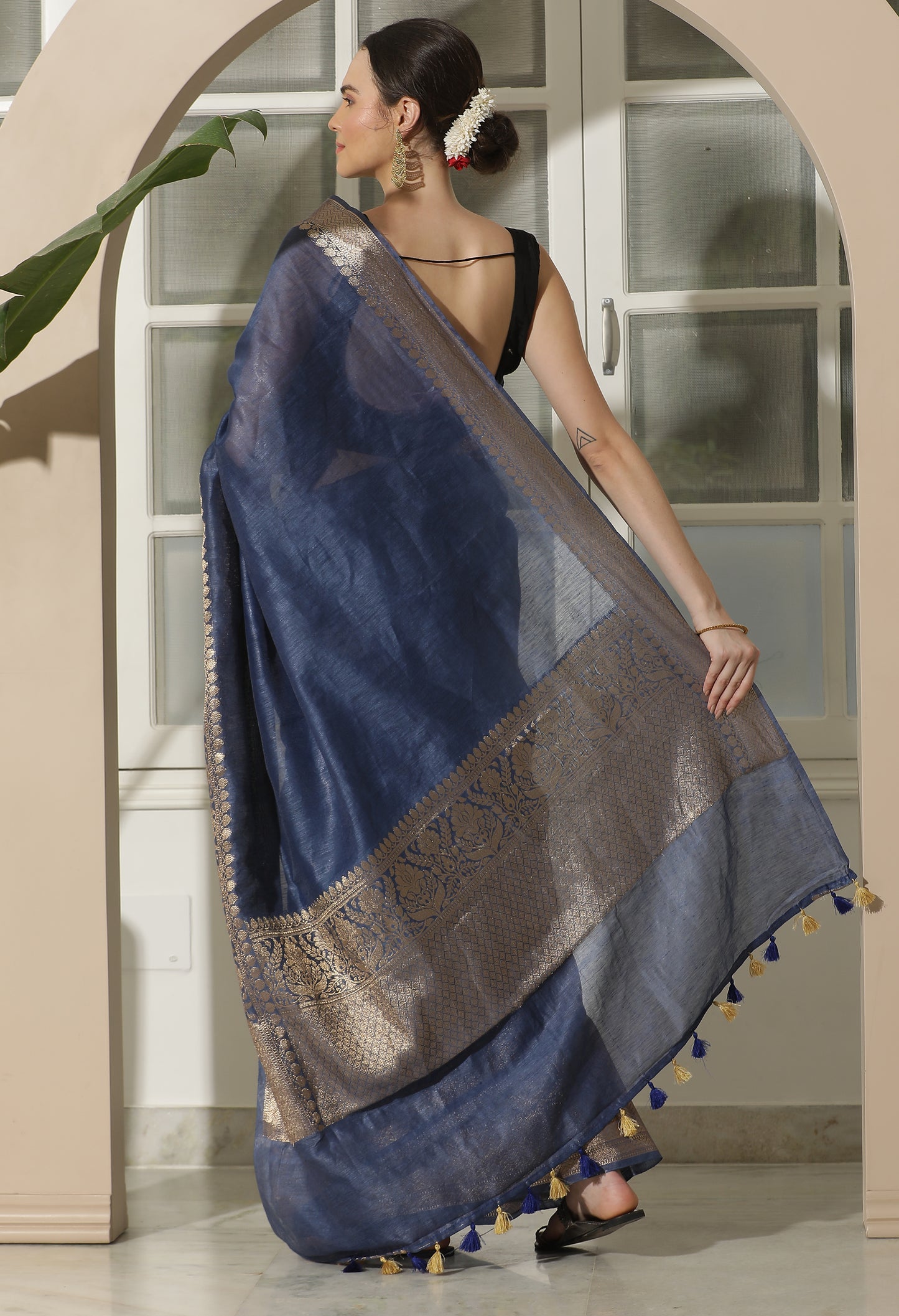 Exquisite Moonlight Blue Banarasi Woven Silk by Linen Saree with Blouse Piece