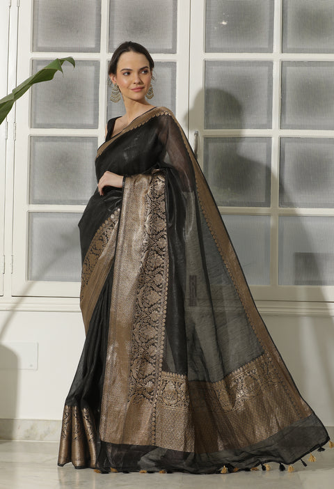 Exquisite Obsidian Black Banarasi Woven Silk by Linen Saree with Blouse Piece