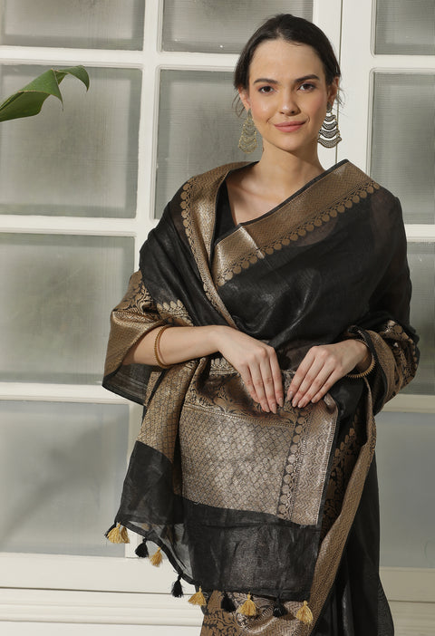 Exquisite Obsidian Black Banarasi Woven Silk by Linen Saree with Blouse Piece