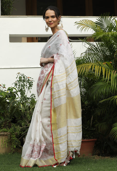 Pristine White Pure Handwoven Linen Saree with Digital Embroidery