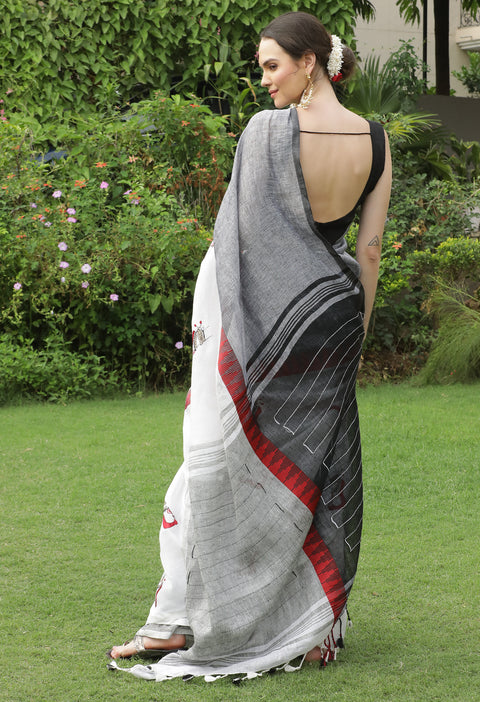 White with Grey Pure Handwoven Linen Saree with Digital Embroidery