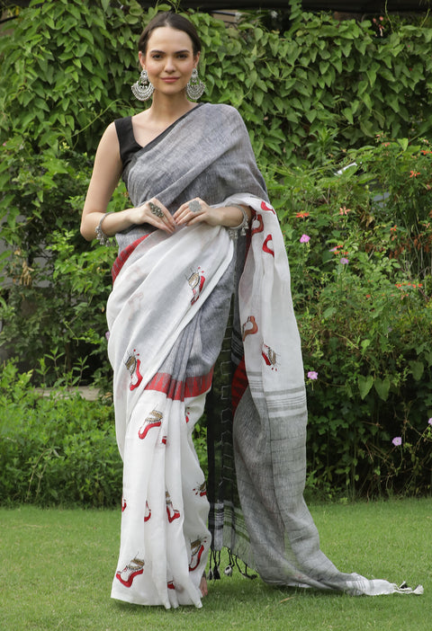 White with Grey Pure Handwoven Linen Saree with Digital Embroidery