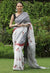 White with Grey Pure Handwoven Linen Saree with Digital Embroidery