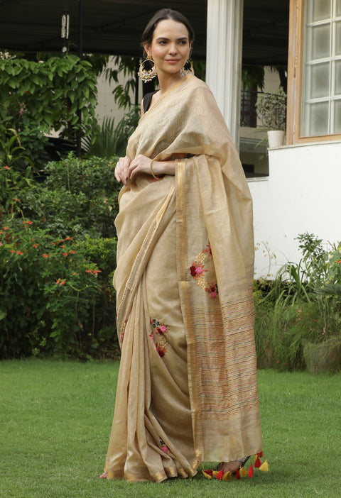 Gold Tussar Pure Handwoven Silk Linen Saree with Hand-embroidery