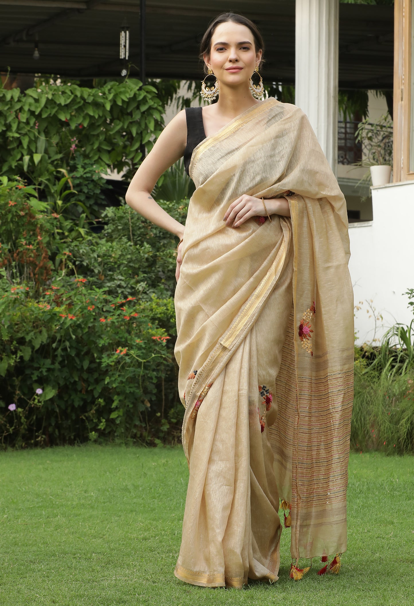 Pure Handwoven Silk Linen Saree with Hand-embroidery