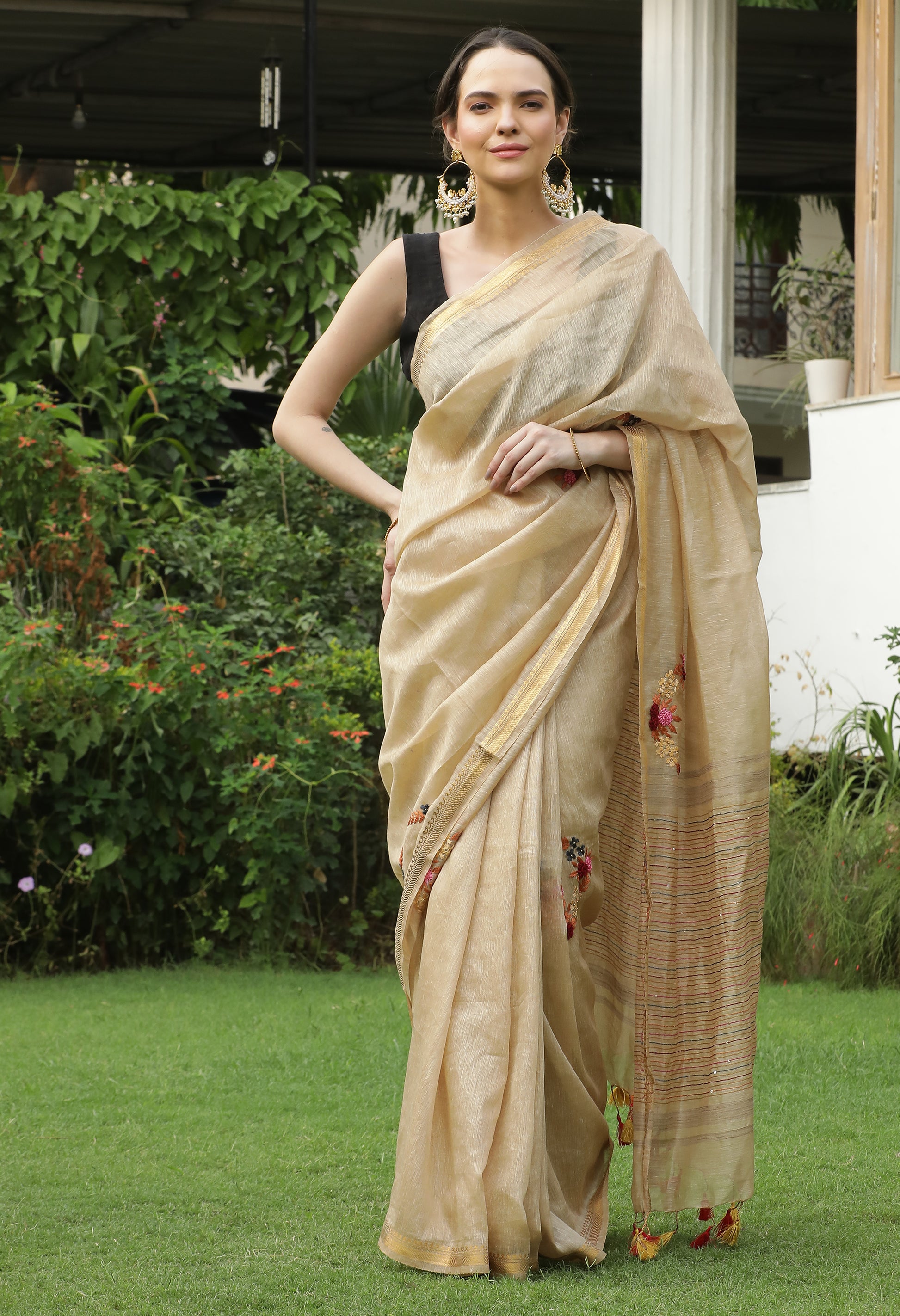 Pure Handwoven Silk Linen Saree with Hand-embroidery