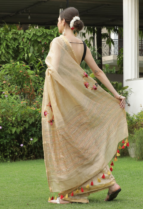 Gold Tussar Pure Handwoven Silk Linen Saree with Hand-embroidery