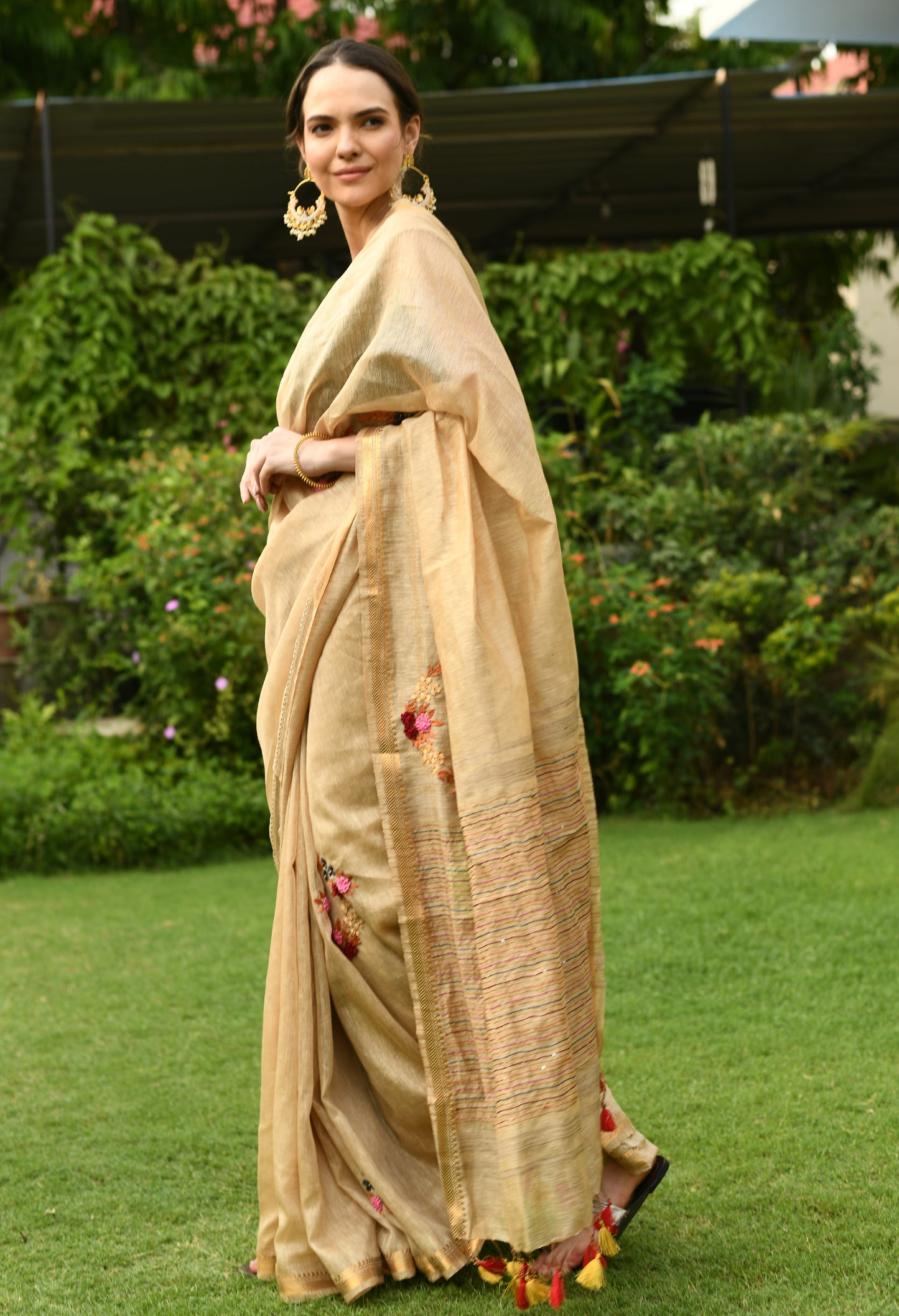 Gold Tussar Pure Handwoven Silk Linen Saree with Hand-embroidery
