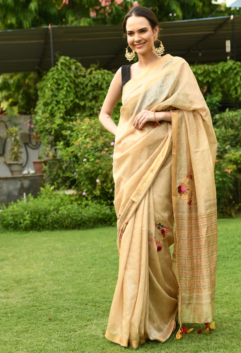 Gold Tussar Pure Handwoven Silk Linen Saree with Hand-embroidery