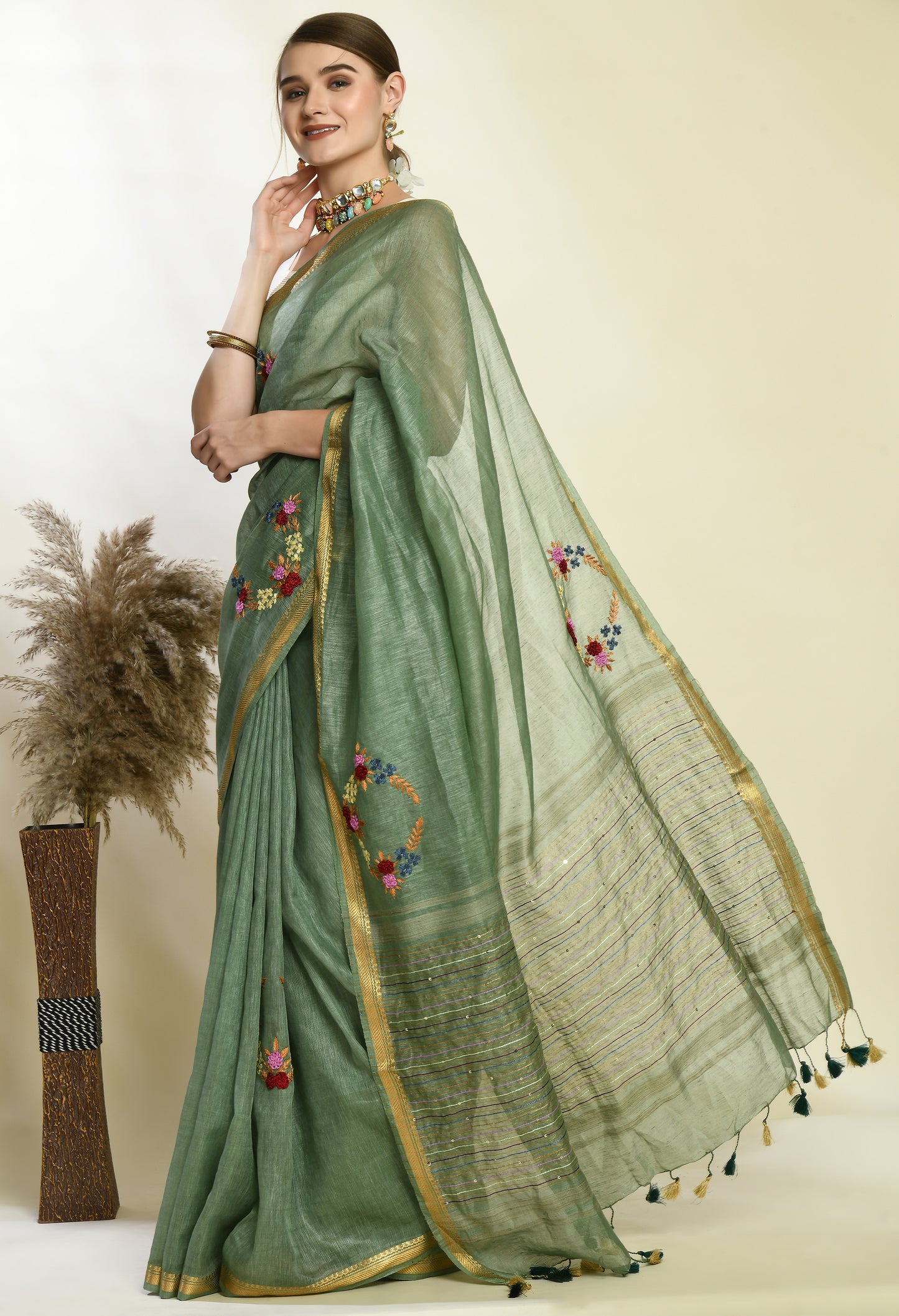 Moss Green Pure Handwoven Silk Linen Saree with Hand Embroidery