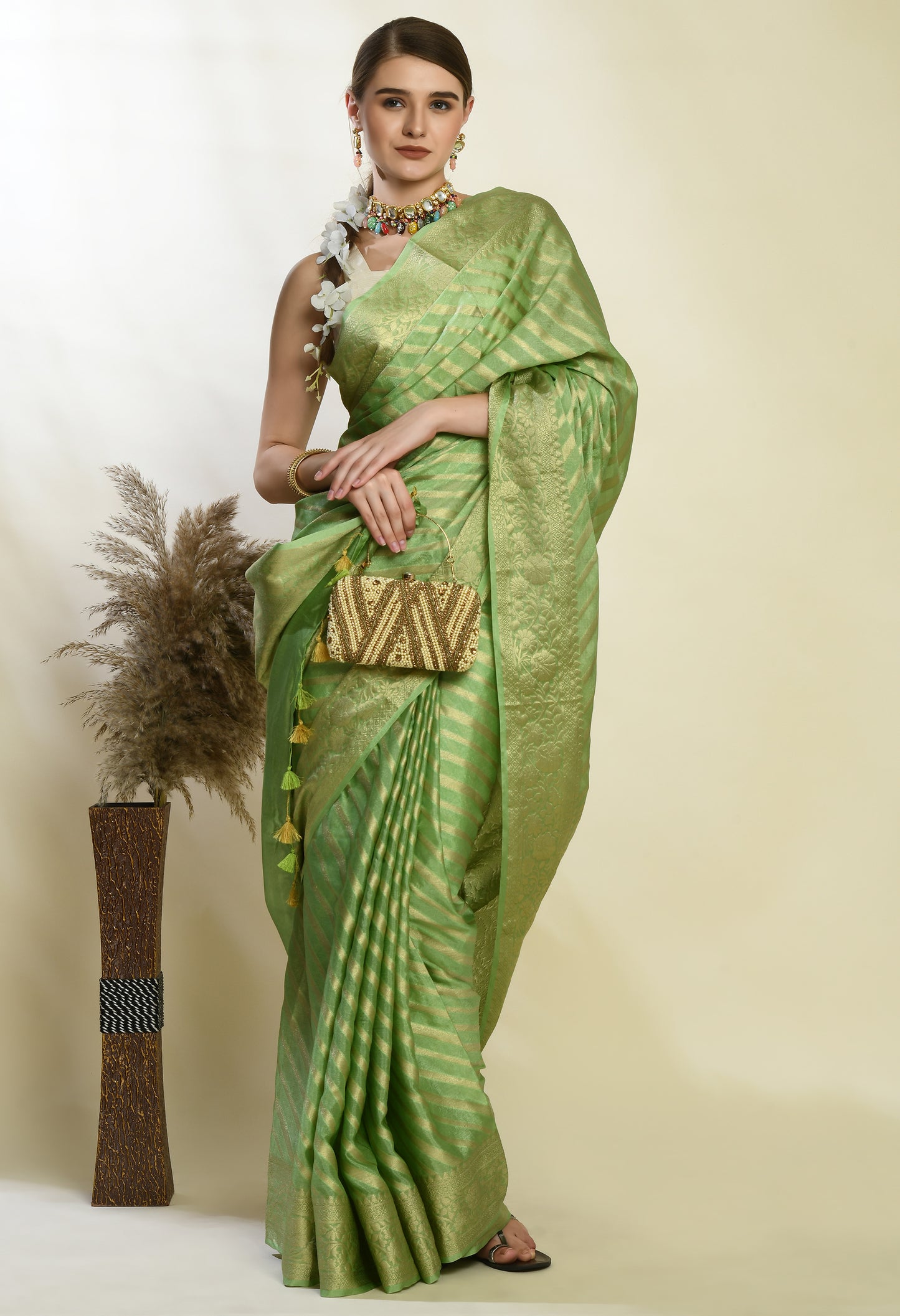 Mint Green Banarasi Kora Silk Saree with Copper Zari Stripes