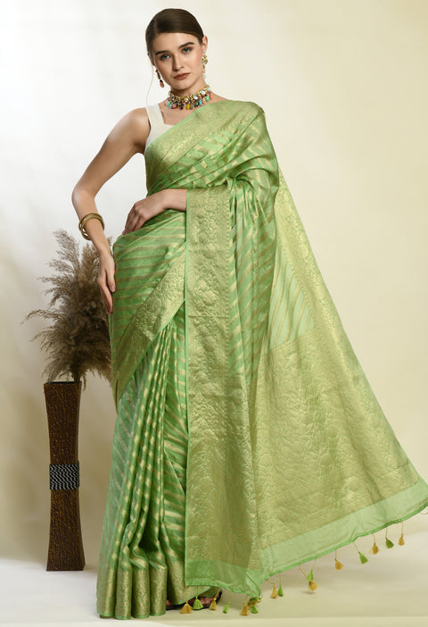 Mint Green Banarasi Kora Silk Saree with Copper Zari Stripes