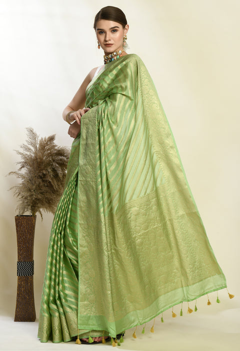 Mint Green Banarasi Kora Silk Saree with Copper Zari Stripes
