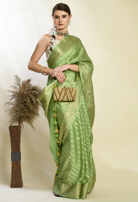 Mint Green Banarasi Kora Silk Saree with Copper Zari Stripes