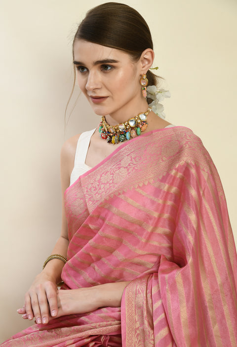 Soft Pink Banarasi Kora Silk Saree with Copper Zari Stripes