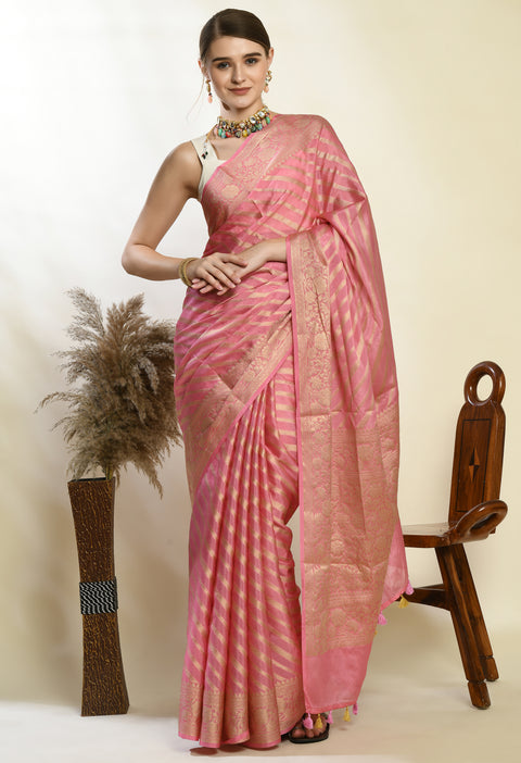 Soft Pink Banarasi Kora Silk Saree with Copper Zari Stripes