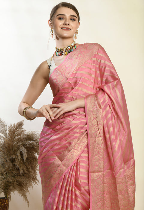 Soft Pink Banarasi Kora Silk Saree with Copper Zari Stripes