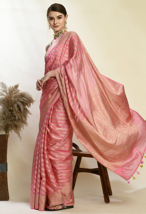 Soft Pink Banarasi Kora Silk Saree with Copper Zari Stripes
