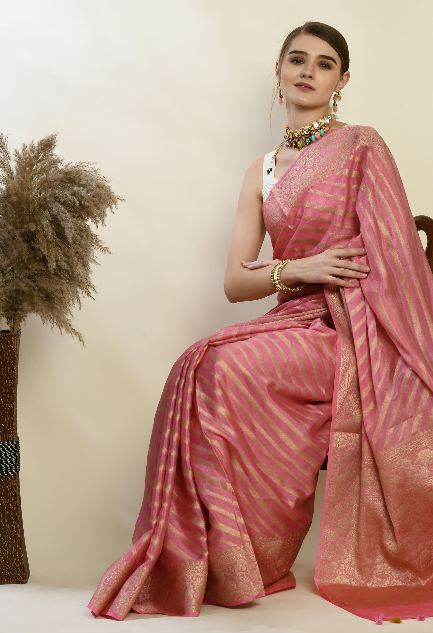 Soft Pink Banarasi Kora Silk Saree with Copper Zari Stripes