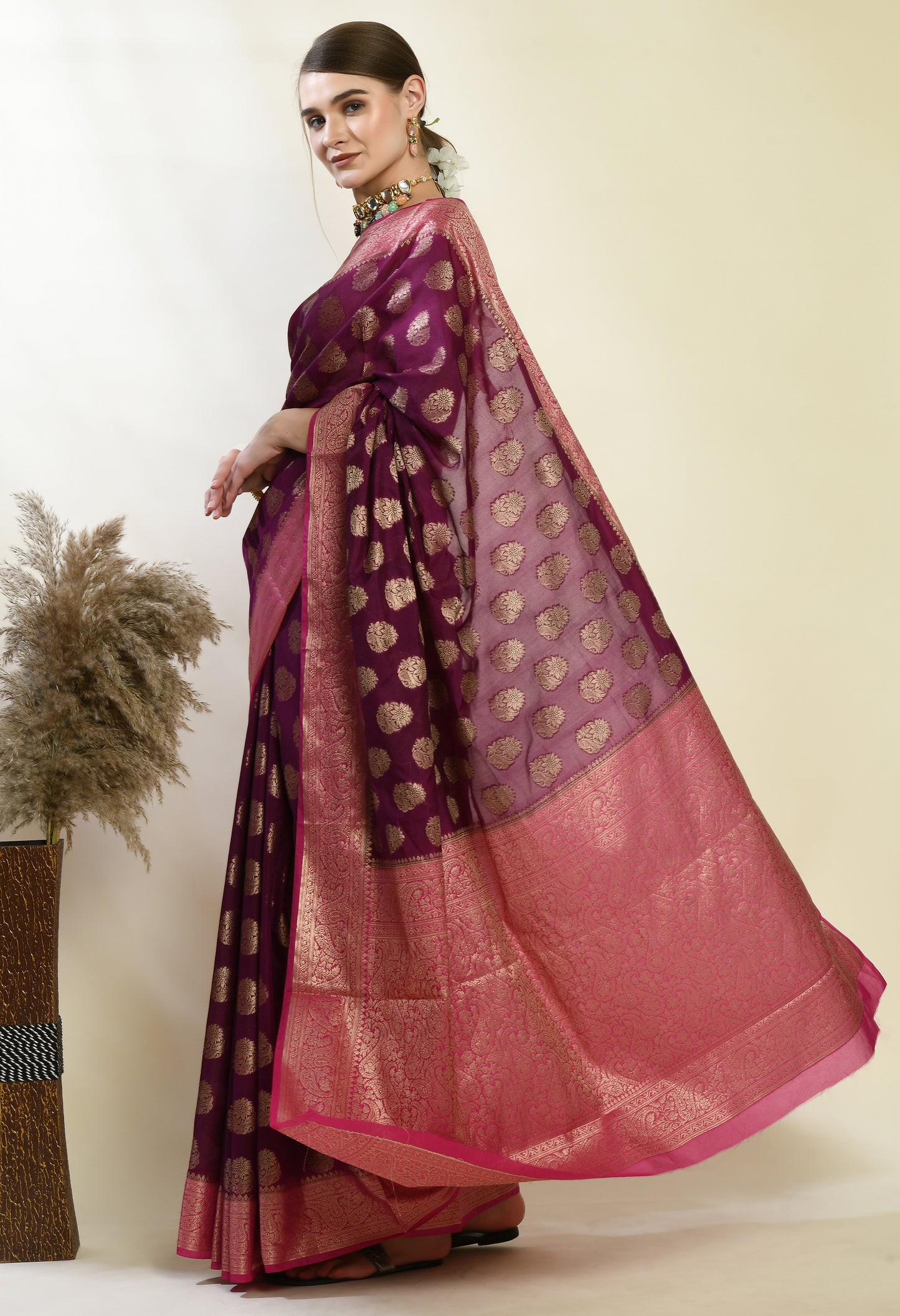 Purple with magenta Banarasi Semi-Georgette Soft Silk Saree