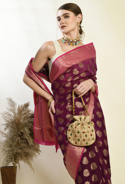 Purple with magenta Banarasi Semi-Georgette Soft Silk Saree
