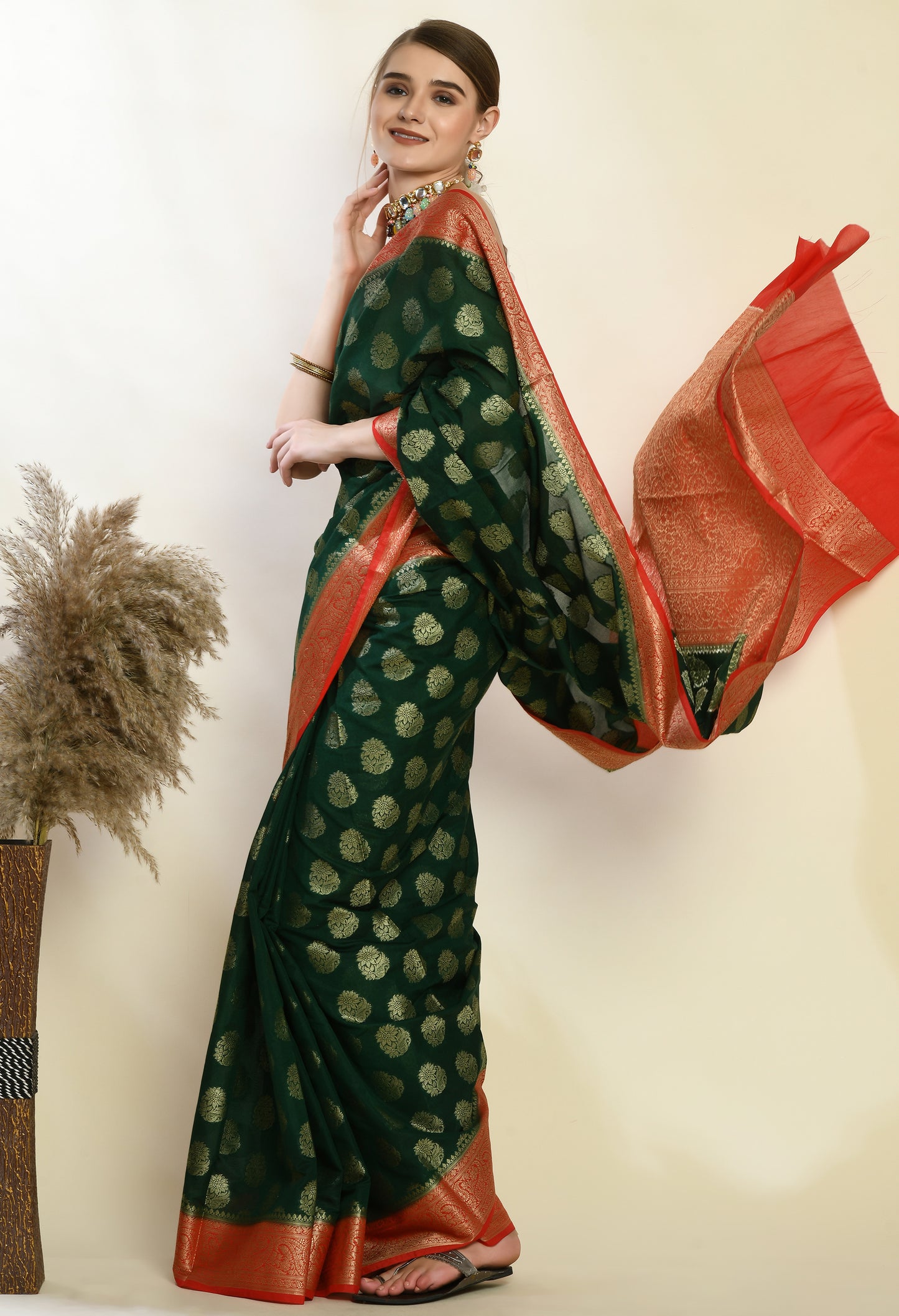 Dark Green with Red Banarasi Semi-Georgette Soft Silk Saree
