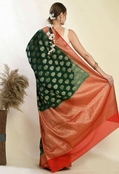 Dark Green with Red Banarasi Semi-Georgette Soft Silk Saree