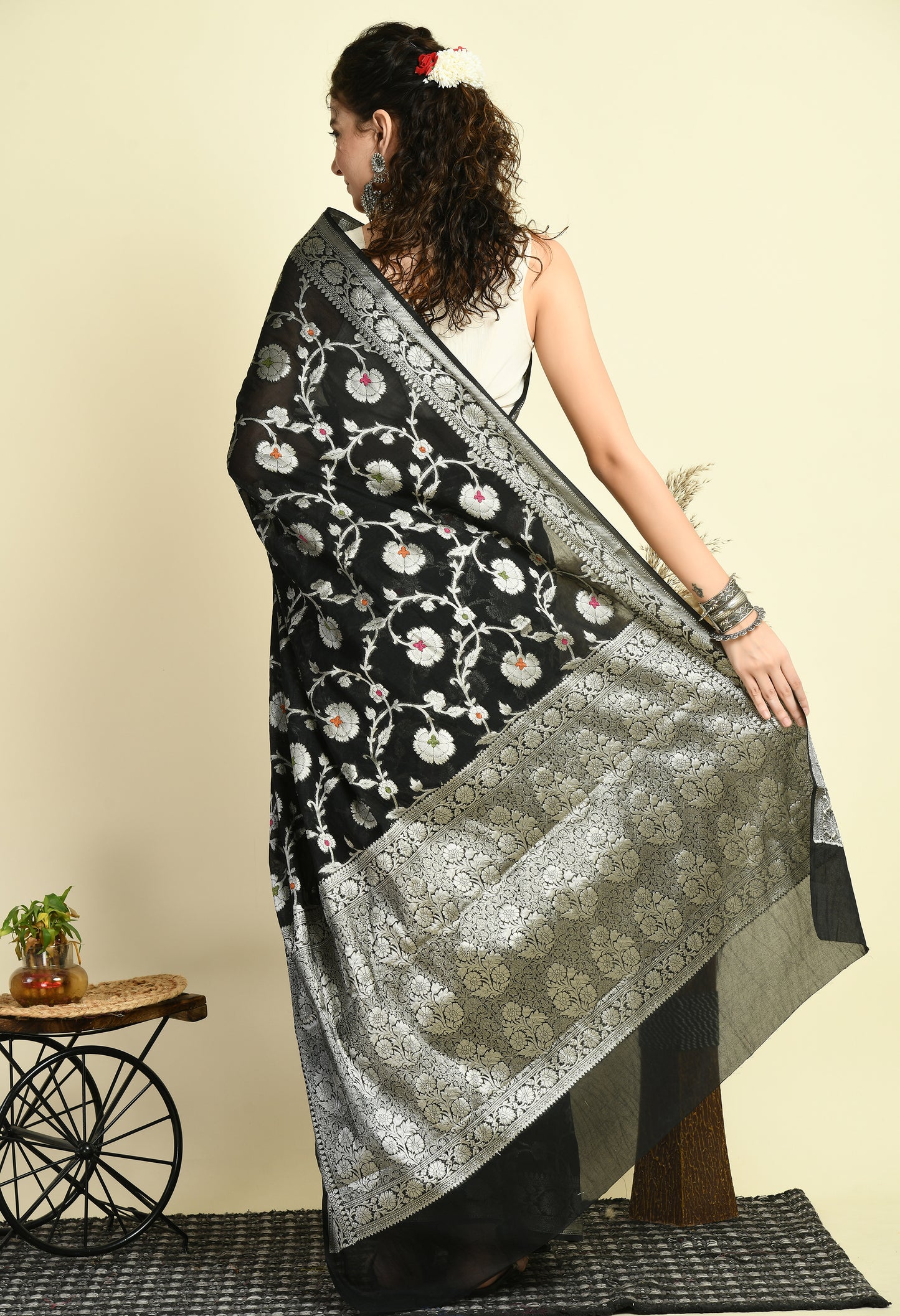 Black Banarasi Semi Georgette Meenakari Soft Silk Saree
